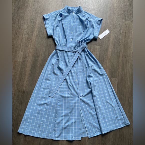 NWT CALVIN KLEIN Plaid Classic Midi Shirtdress Belted Short Sleeve Size 10 Blue - Picture 1 of 16
